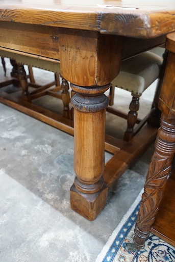 An 18th century style rectangular pine refectory dining table, length 198cm, depth 94cm, height 77cm